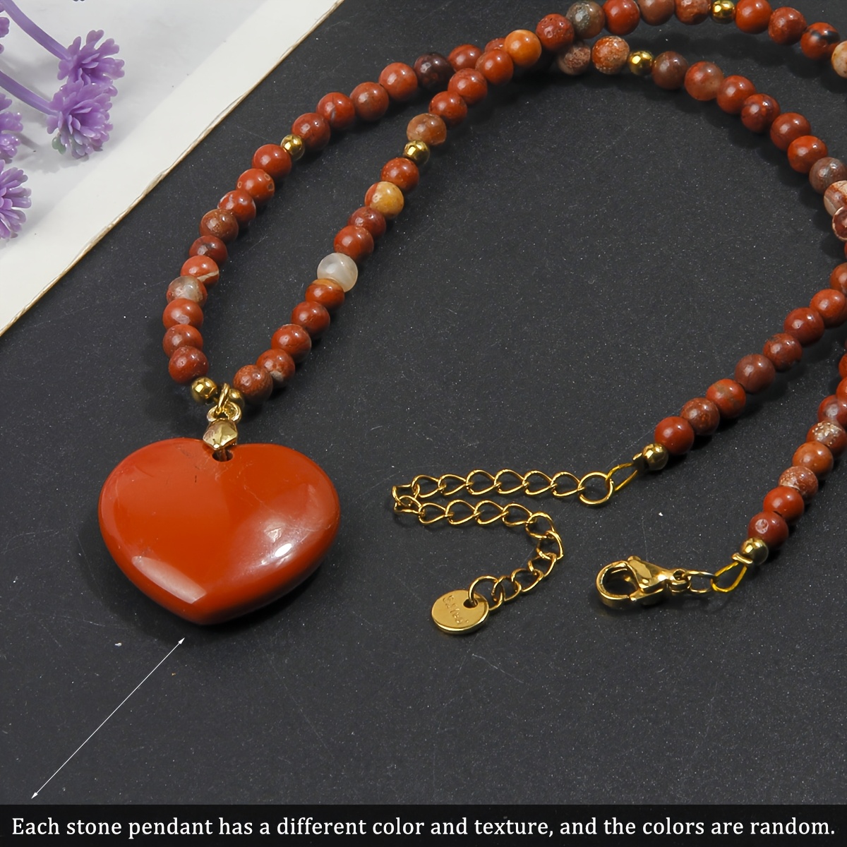 Natural Red Stone Heart Pendant Beaded Necklace, Vintage Style